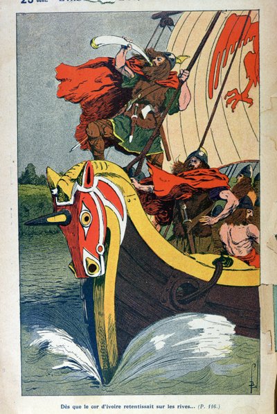 Vikingo soplando el cuerno en un drakkar mientras se acerca a la costa nórdica, lámina ilustrada de una edición popular de 